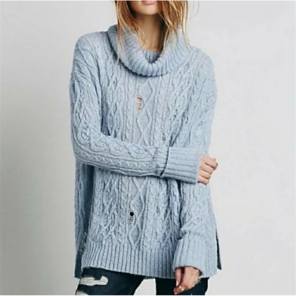 Free People On a Boat Cable Knit Roll Neck Distressed Sweater Blue Turtleneck XS